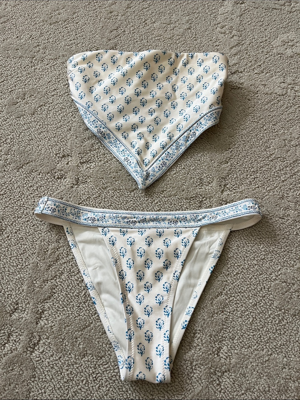 SOLID & STRIPED White Bikini Top with Blue Floral Trim